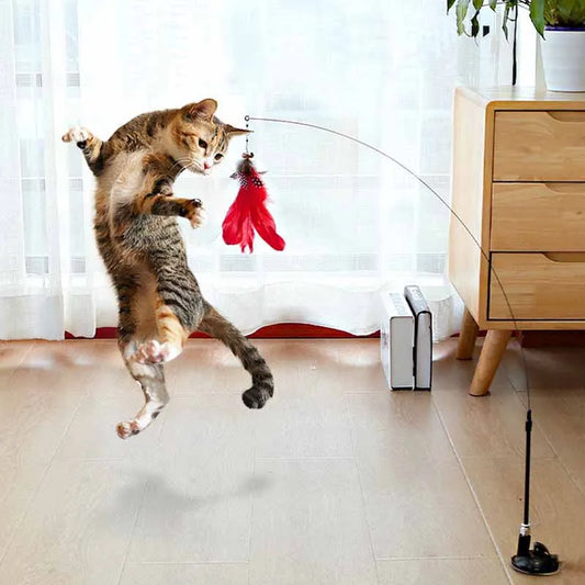 Interactive Cat Feather Wand Toy with Suction Base – 90cm | Pawvalo